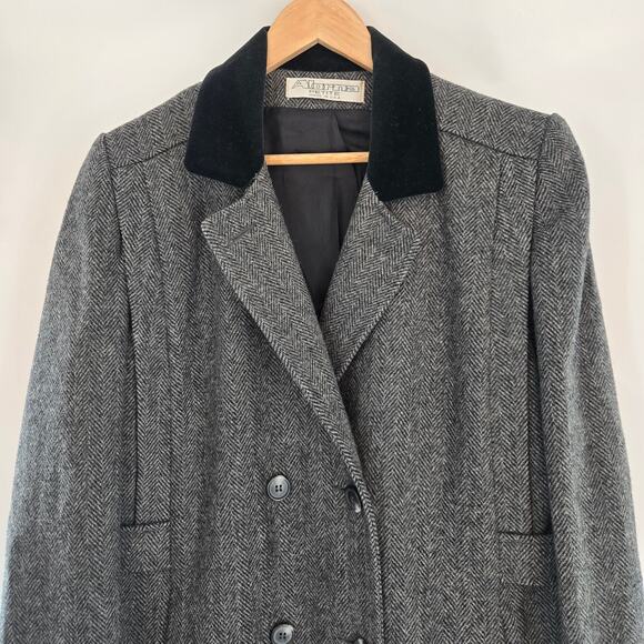 Adonna Women Vtg 90s USA Wool Blend Herringbone Double Breast Velvet Trim Coat S - Picture 2 of 12